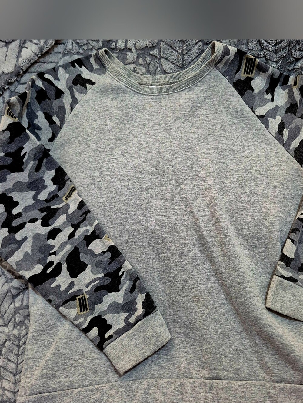 Gray Raglan Sweatshirt with Camo Sleeves